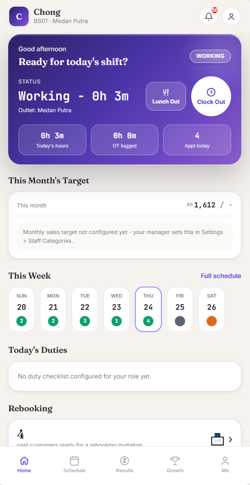 Staff App home · clock-in and today's status